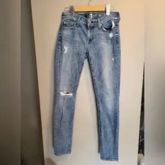 7 For All Mankind Denim - 7 For All Mankind Skinny Jeans - Light Wash Blue with Distressing